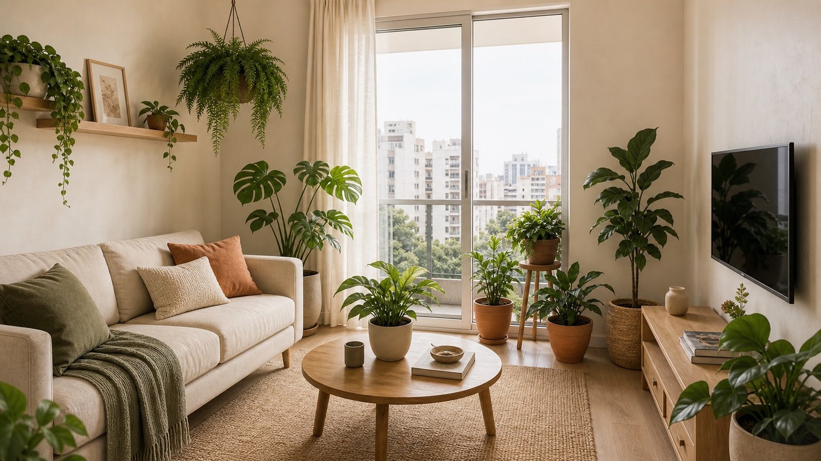 Sala de apartamento aconchegante decorada com plantas saudáveis